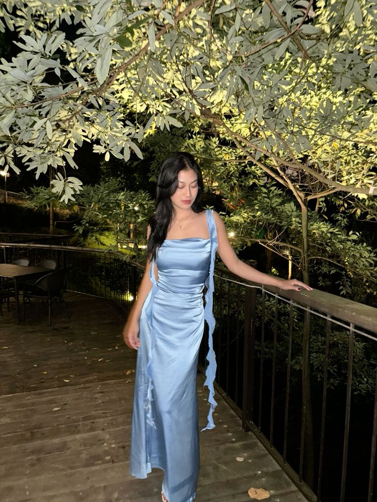 Elegant Light Blue Bodycon Square Neck Spaghetti Strap Ruffled Satin Long Prom Dress Evening Dress Bridesmaid Dress