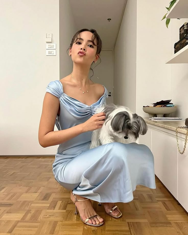 Elegant Light Blue Bodycon Ruffled Satin Long Prom Dress Evening Dress Bridesmaid Dress - View 2 | VelvetHem