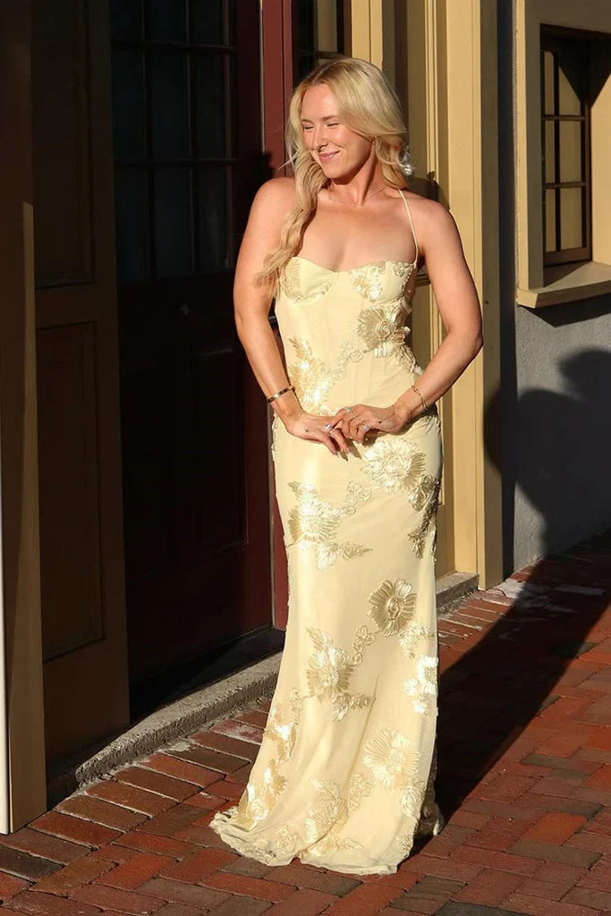 Elegant Yellow Mermaid Thin Strap 3D Floral Tulle Long Prom Dress Evening Dress