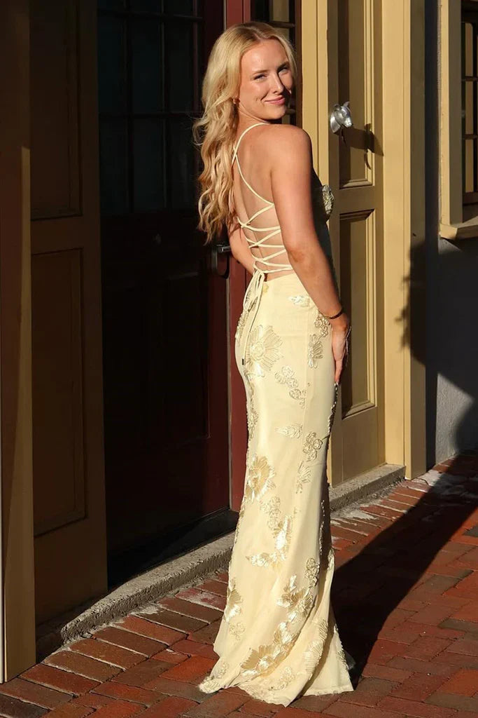 Elegant Yellow Mermaid Thin Strap 3D Floral Tulle Long Prom Dress Evening Dress