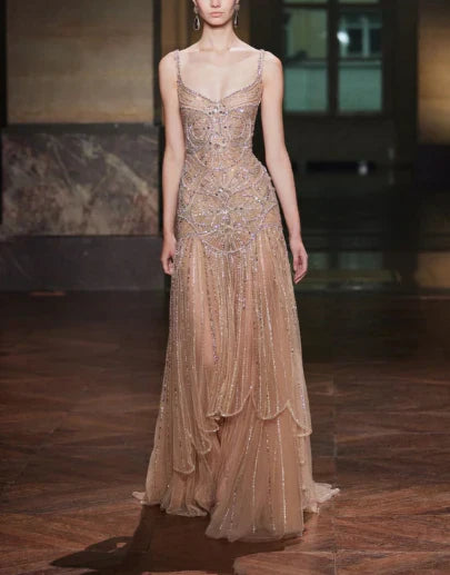 Vintage Green A-line Spaghetti Strap Beaded Tulle Long Prom Dress Evening Dress