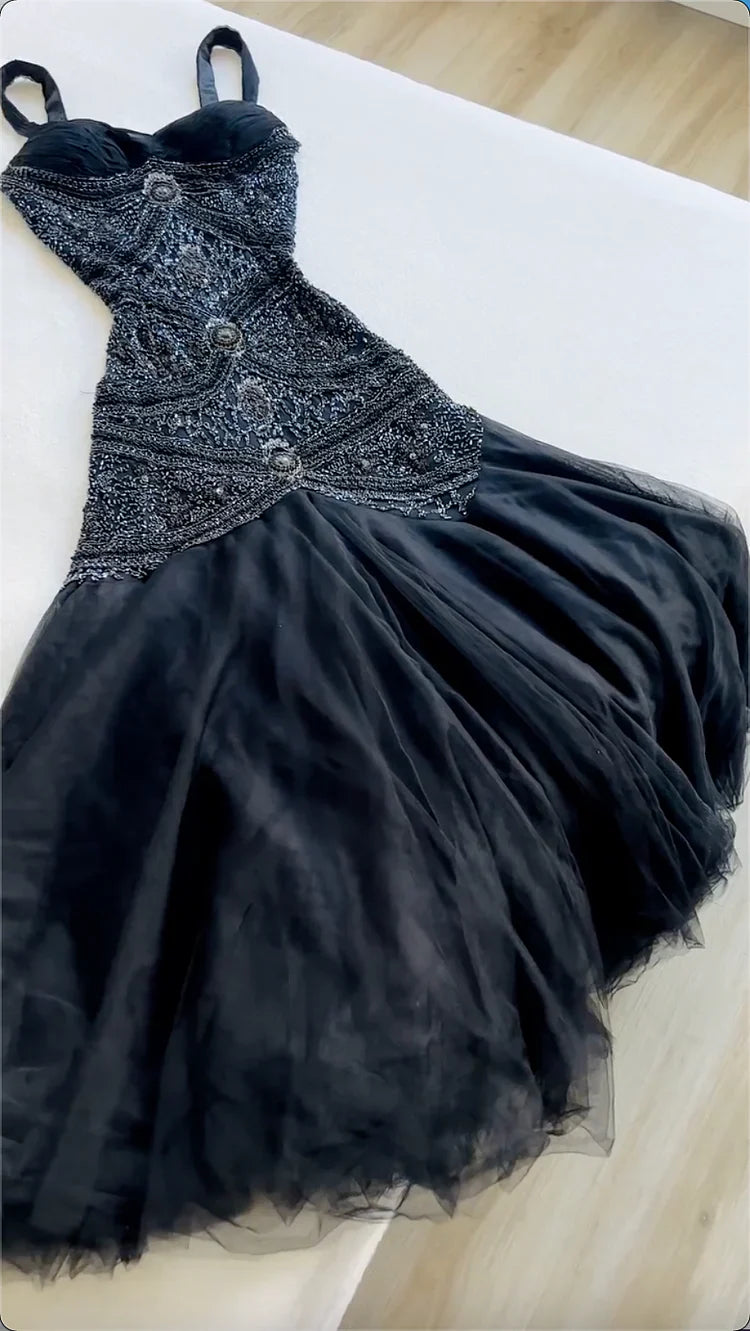 Vintage Black Spaghetti Strap Mermaid Custom Tulle Long Prom Dress Evening Dress
