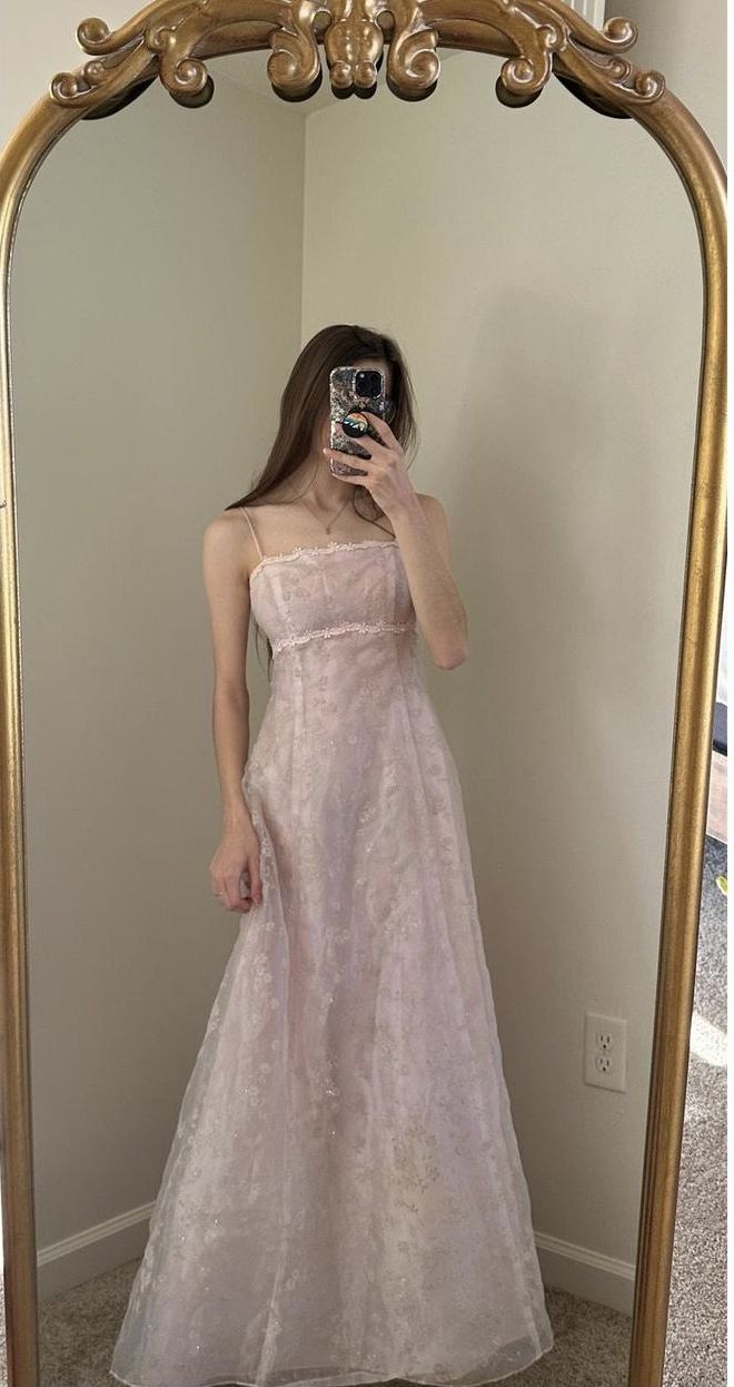 Sweet Light Pink A-line Spaghetti-strap Jacquard Tulle Long Prom Dress Evening Dress
