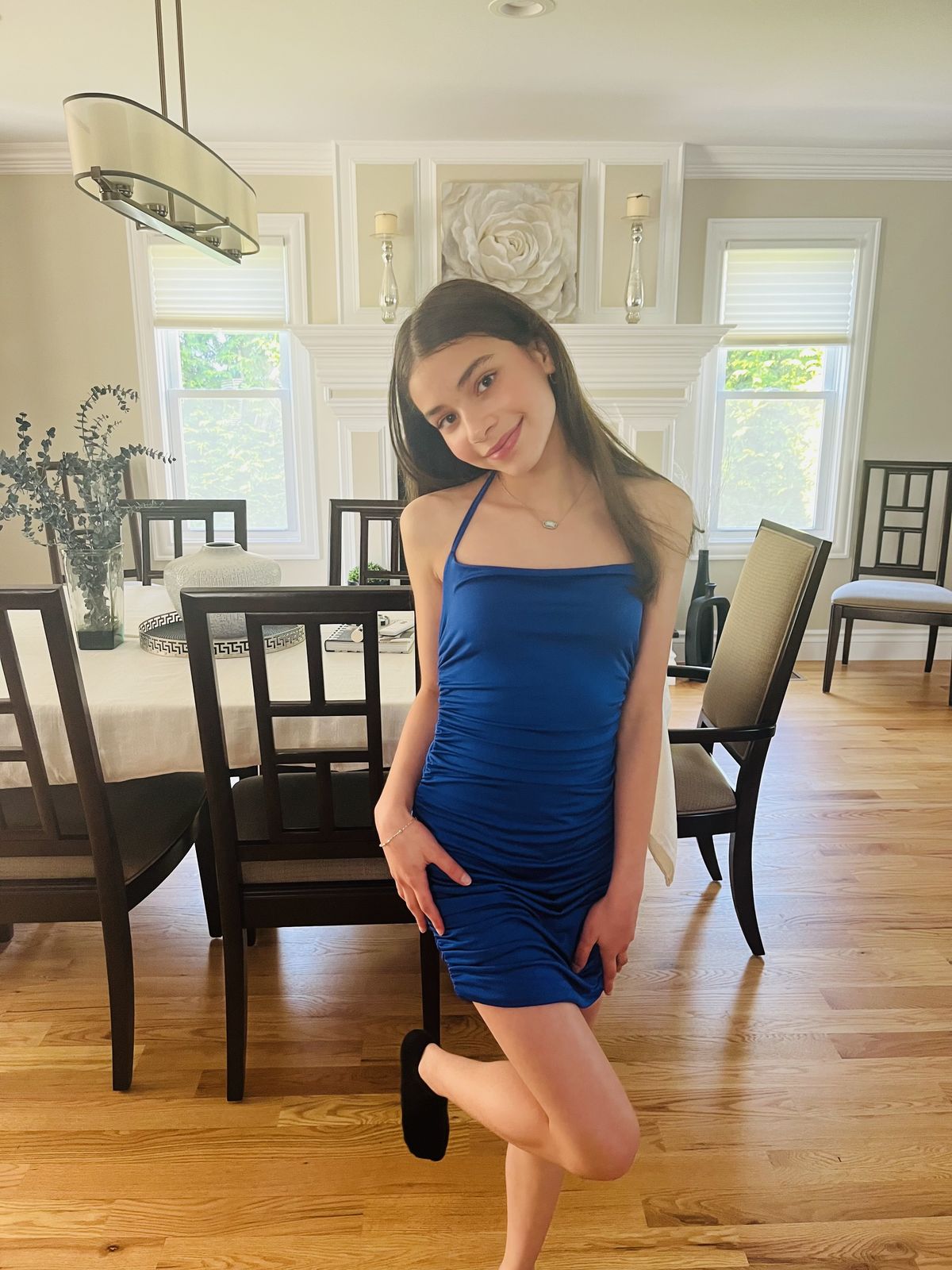 Simple Blue Halterneck Slim-fit Hip-wrapped Pleated Stretch 17th Birthday Homecoming Dress - VelvetHem