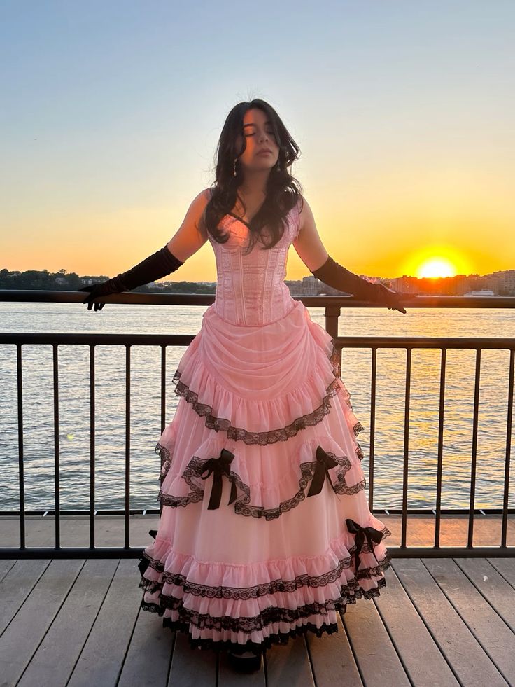 Princess Pink Spaghetti Strap Boned Bow Lace Tulle Long Prom Dress Evening Dress