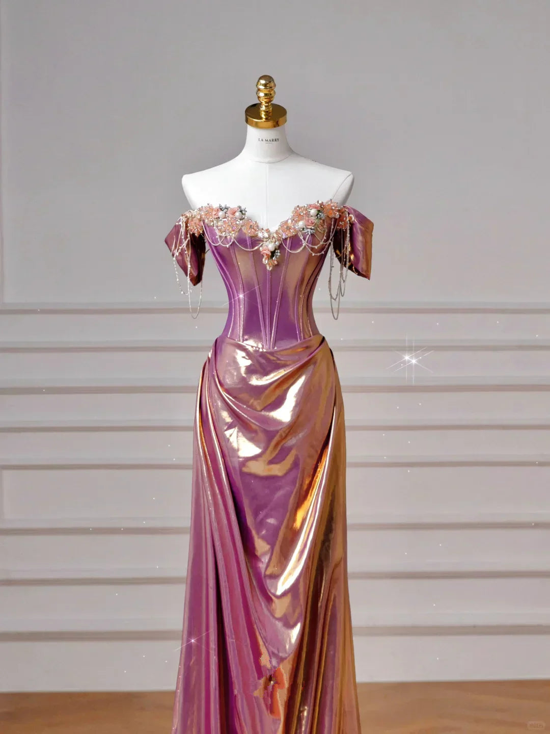 Dreamy Purple Gold Off-the-Shoulder Mermaid 3D Floral Satin Long Prom Dress Evening Dress