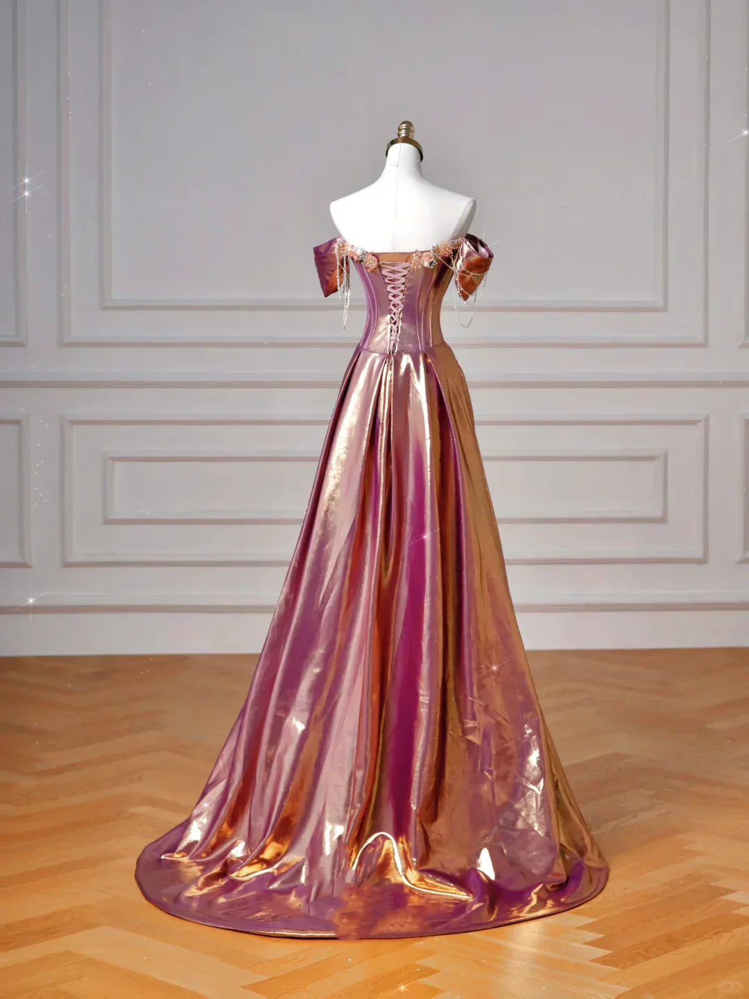 Dreamy Purple Gold Off-the-Shoulder Mermaid 3D Floral Satin Long Prom Dress Evening Dress