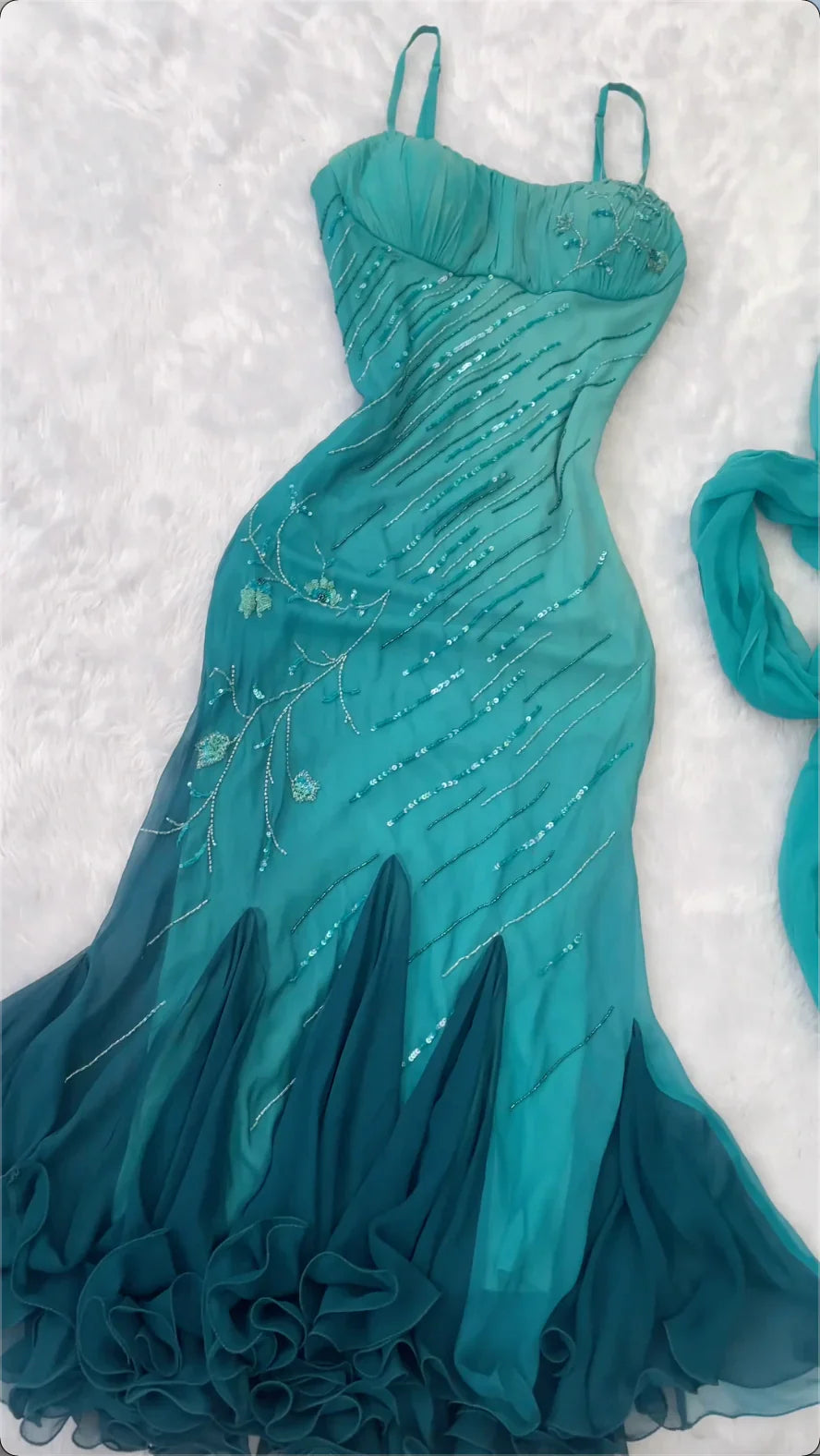 Elegant Teal Spaghetti Strap Sequin Beaded Chiffon Long Prom Dress Evening Dress
