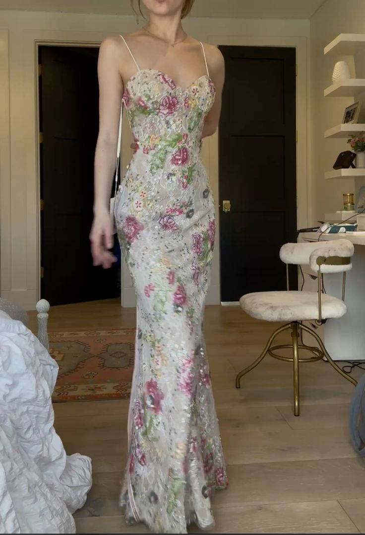 Fresh White Base Print Mermaid Spaghetti Strap Sequin Lace Tulle Long Prom Dress Evening Dress