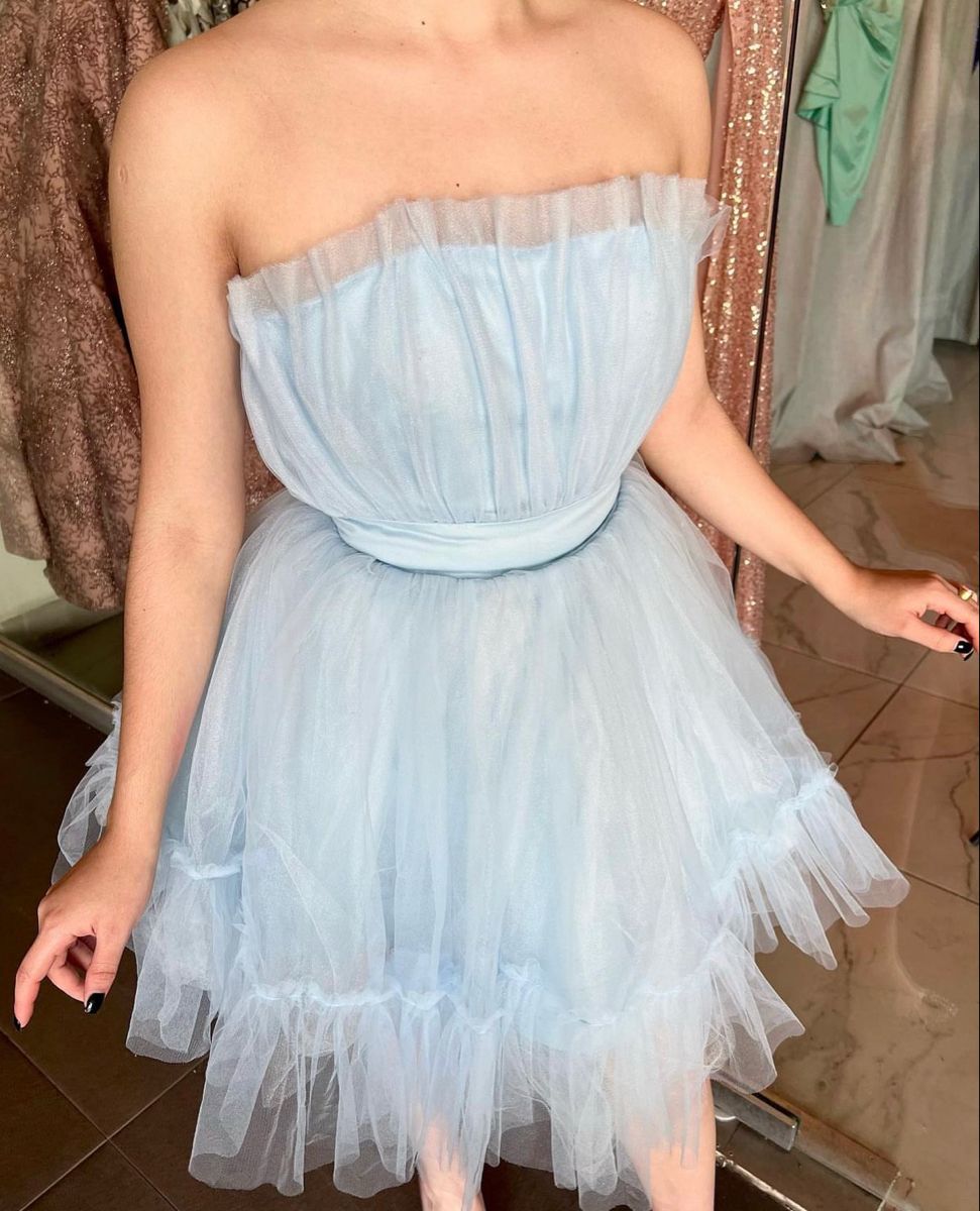 Sweet And Dreamy Light Blue Tube Top Waist Multi-layer Mesh A-line Short Birthday Dress Homecoming Dress - VelvetHem