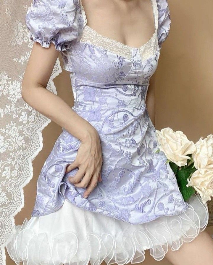 Retro Sweet Lavender Lace Puff Sleeves White Mesh Ruffle Jacquard A-line Short Birthday Dress Homecoming Dress - VelvetHem