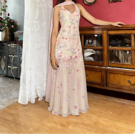Vintage Pink Halter V-Neck Mermaid Sequin Tulle Long Prom Dress Evening Dress