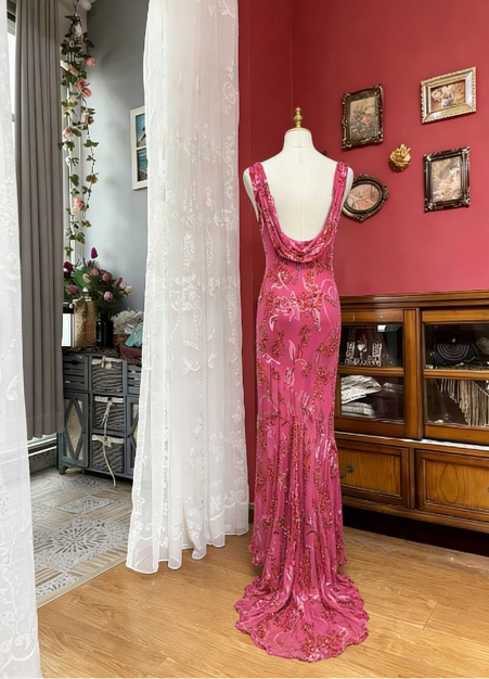 Vintage Fuchsia Cowl Neck Mermaid Printed Chiffon Long Prom Dress Evening Dress