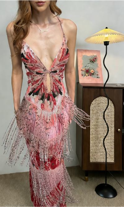 Vintage Mermaid Spaghetti Strap V-Neck Fringe Sequin Long Prom Dress Evening Dress