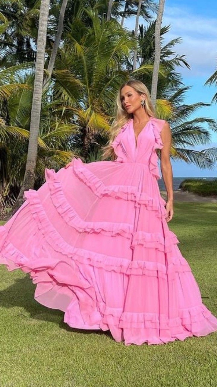 Elegant Pink A-line Tiered Ruffled Deep V Backless Chiffon Long Prom Dress Evening Dress - View 2 | VelvetHem