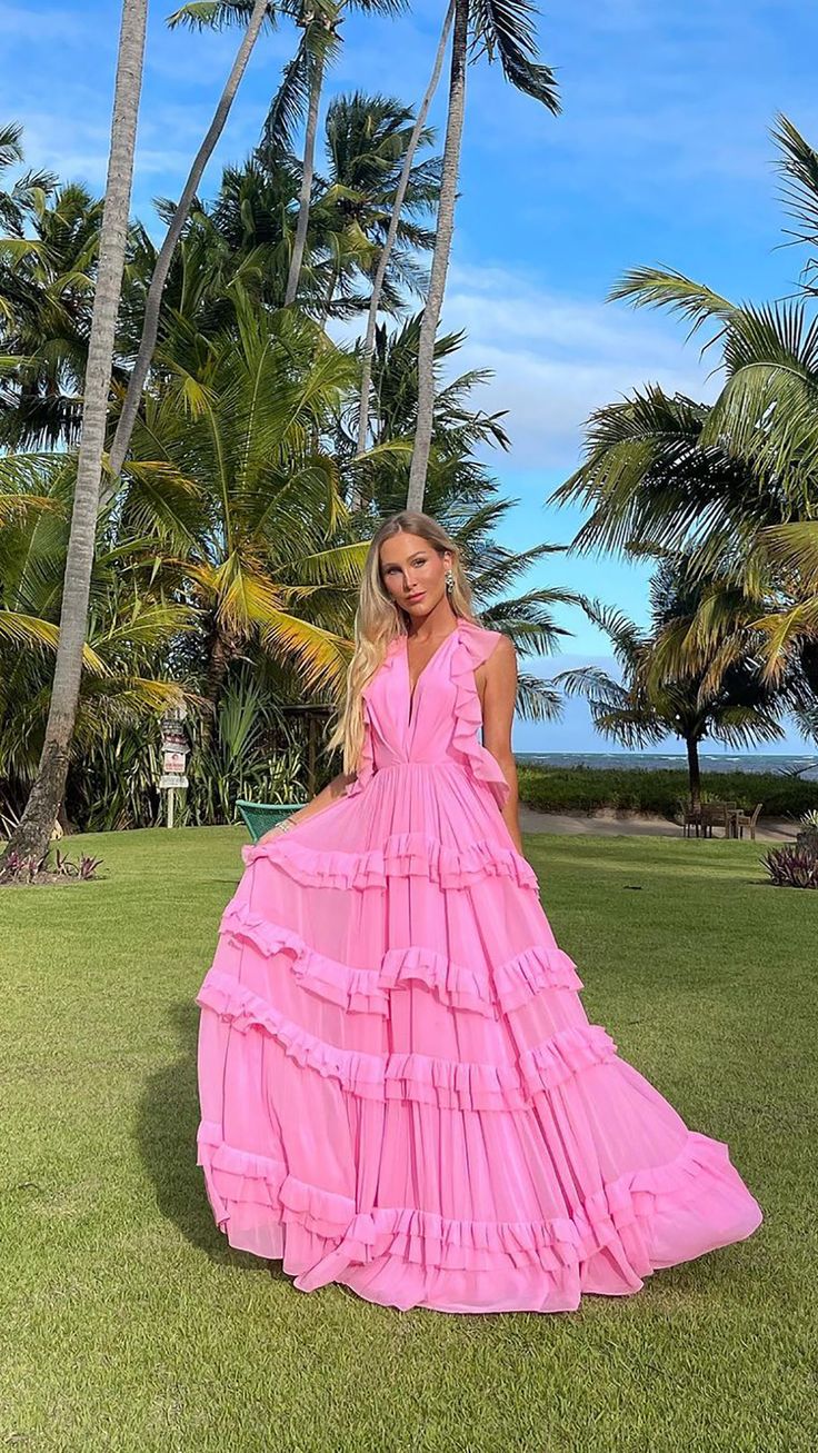 Elegant Pink A-line Tiered Ruffled Deep V Backless Chiffon Long Prom Dress Evening Dress - View 3 | VelvetHem