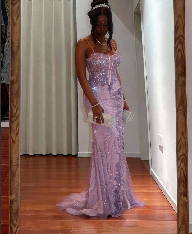 Elegant Purple Spaghetti Strap Mermaid Split Sequin Tulle Train Prom Dress Evening Dress
