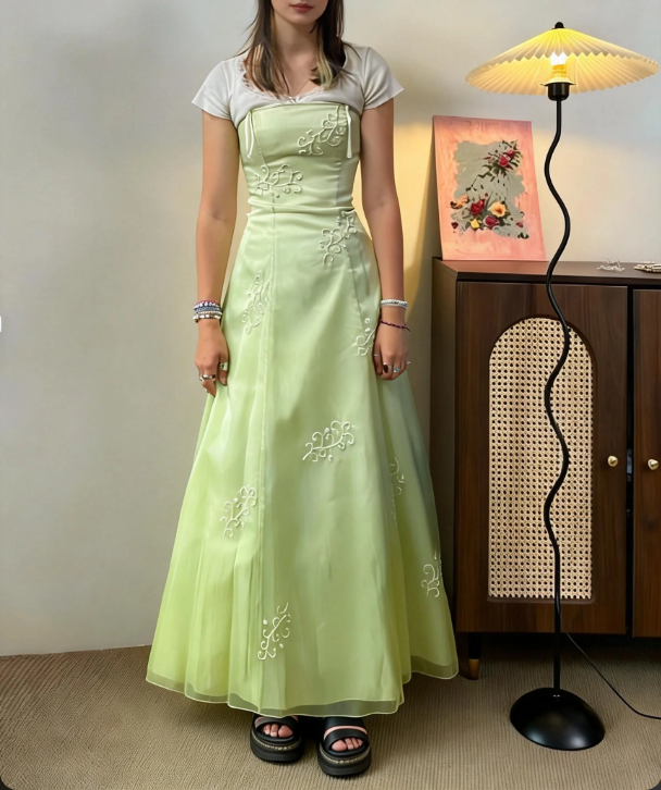 Fresh Light Green Strapless Embroidered Tulle A-Line Long Prom Dress Evening Dress - View 3 | VelvetHem