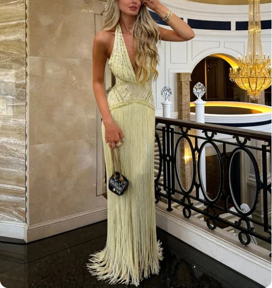 Gorgeous Yellow Halter V-Neck Beaded Fringe Long Prom Dress Evening Dress