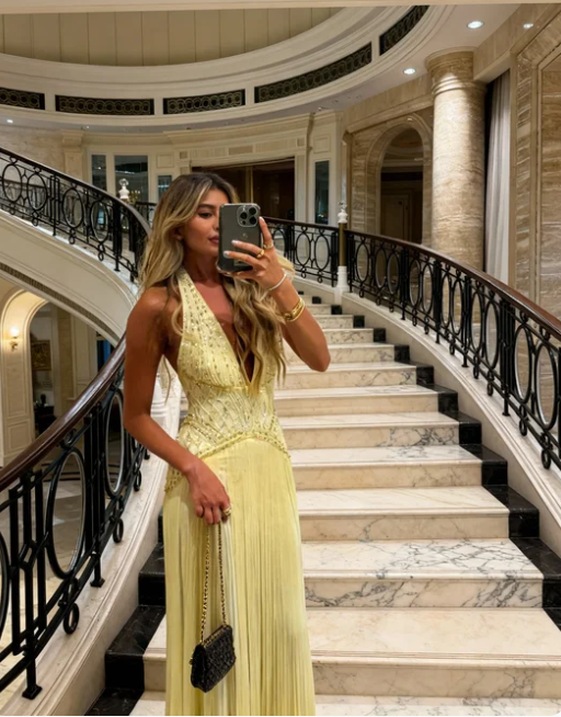 Gorgeous Yellow Halter V-Neck Beaded Fringe Long Prom Dress Evening Dress