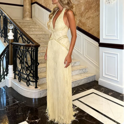 Gorgeous Yellow Halter V-Neck Beaded Fringe Long Prom Dress Evening Dress