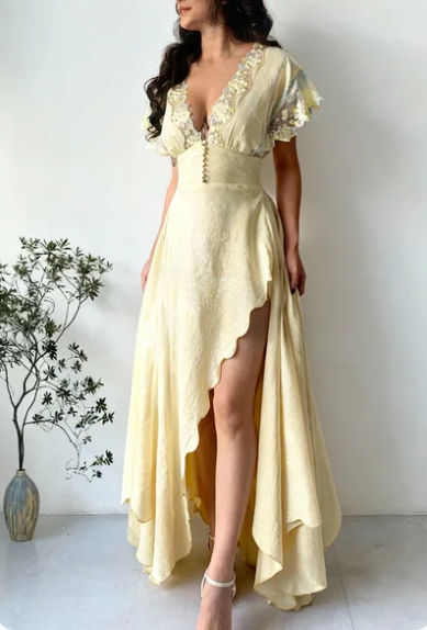 Elegant Yellow V-Neck Irregular High-Slit Lace Jacquard Satin Long Prom Dress Evening Dress