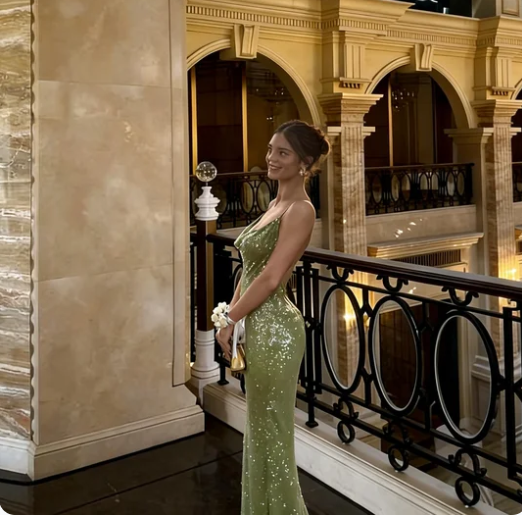 Elegant Avocado Green Spaghetti Strap Backless Mermaid Sequin Long Prom Dress Evening Dress
