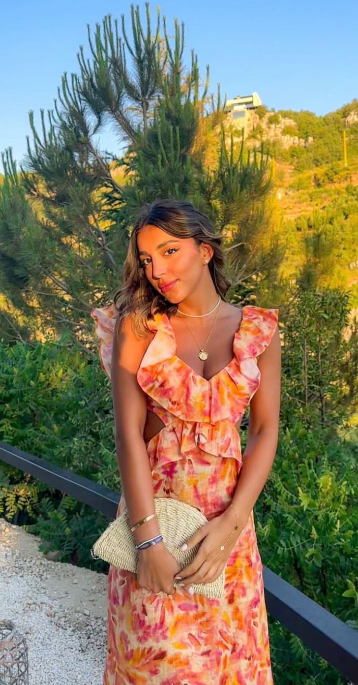 Beautiful Orange-pink Printed Mermaid V-neck Ruffled Backless Long Prom Dress Evening Dress - View 2 | VelvetHem