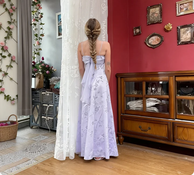 Elegant Lavender A-Line Spaghetti Strap Floral Satin Long Prom Dress Evening Dress - View 2 | VelvetHem