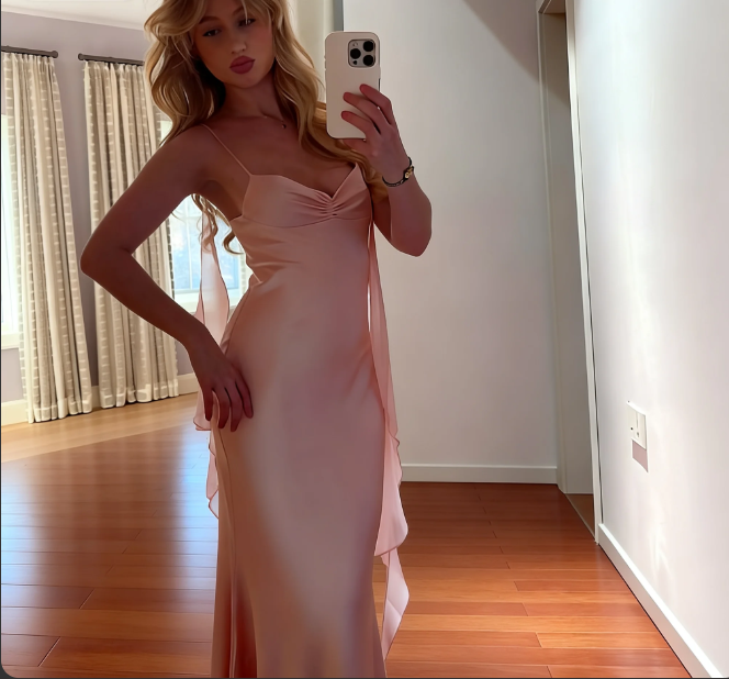 Simple Pink Spaghetti Strap V-Neck Mermaid Satin Long Prom Dress Evening Dress