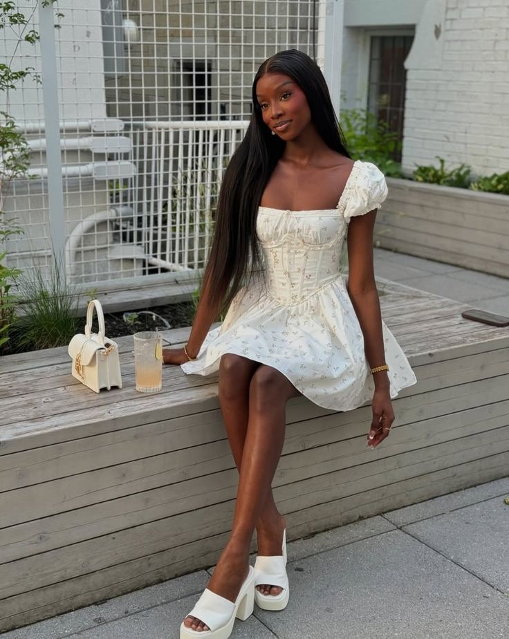 Sweet White Small Floral Puff Short Sleeve Waist A-line 16th Birthday Homecoming Dress - View 3 | VelvetHem