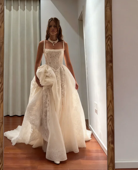 Vintage Court Ivory Square Neck Spaghetti Strap Lace Embroidered Train Wedding Dress - VelvetHem