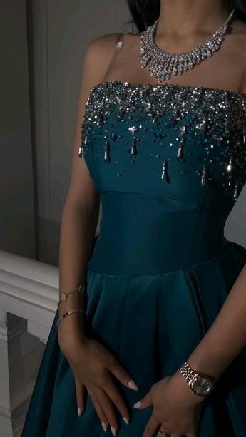 Elegant Teal A-line Spaghetti Strap Slit Satin Long Prom Dress Evening Dress - View 2 | VelvetHem