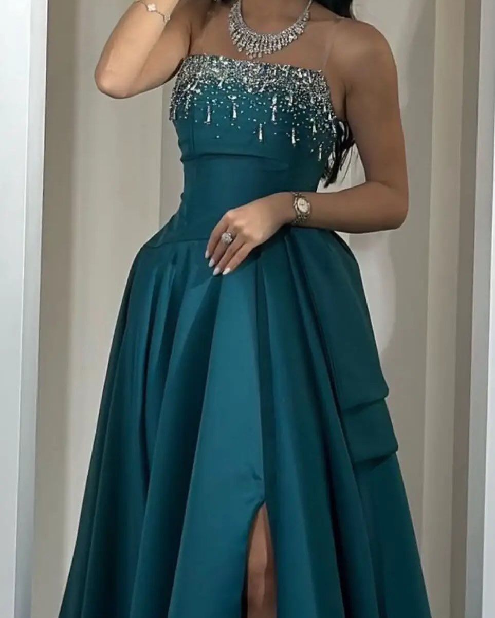 Elegant Teal A-line Spaghetti Strap Slit Satin Long Prom Dress Evening Dress - View 3 | VelvetHem