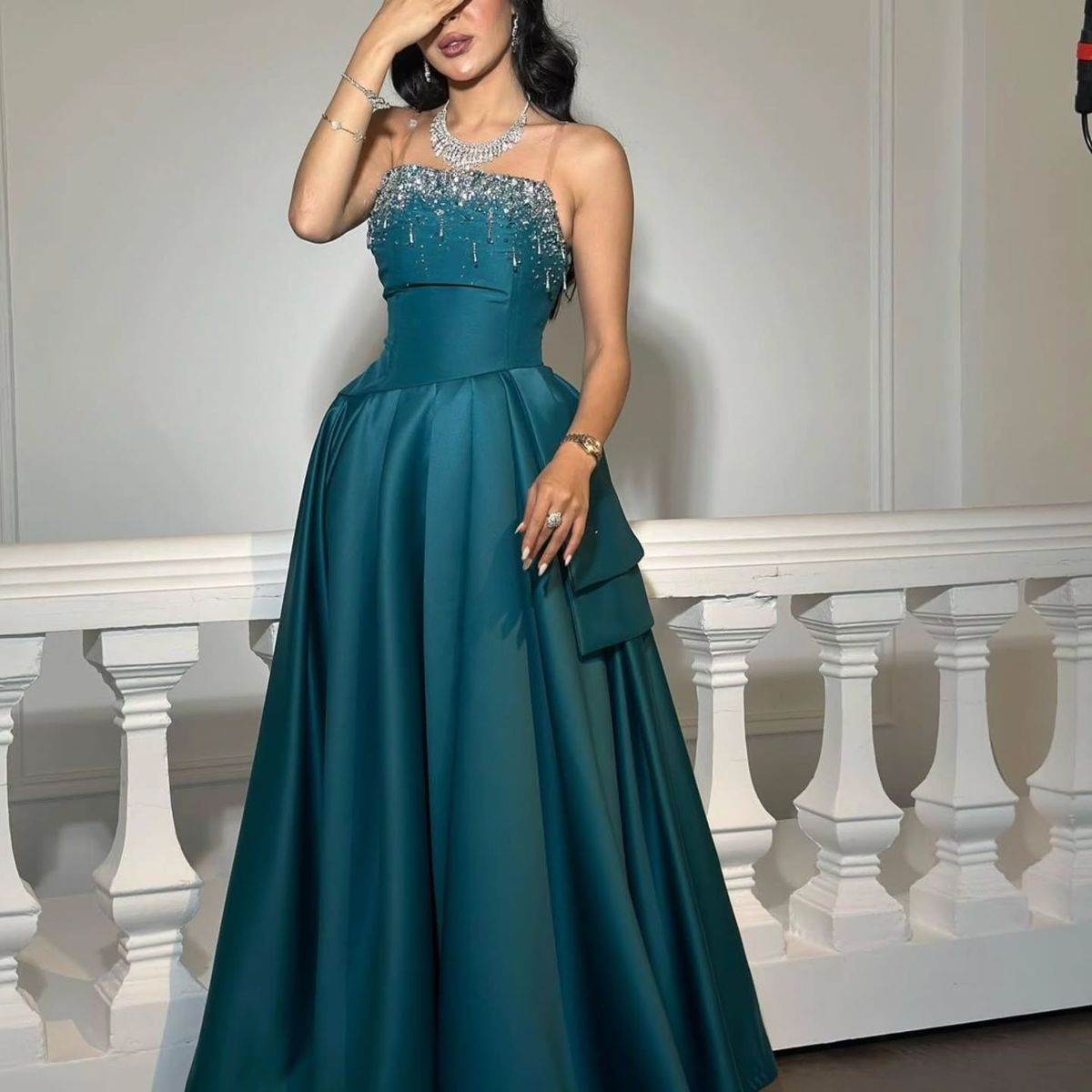 Elegant Teal A-line Spaghetti Strap Slit Satin Long Prom Dress Evening Dress - View 4 | VelvetHem