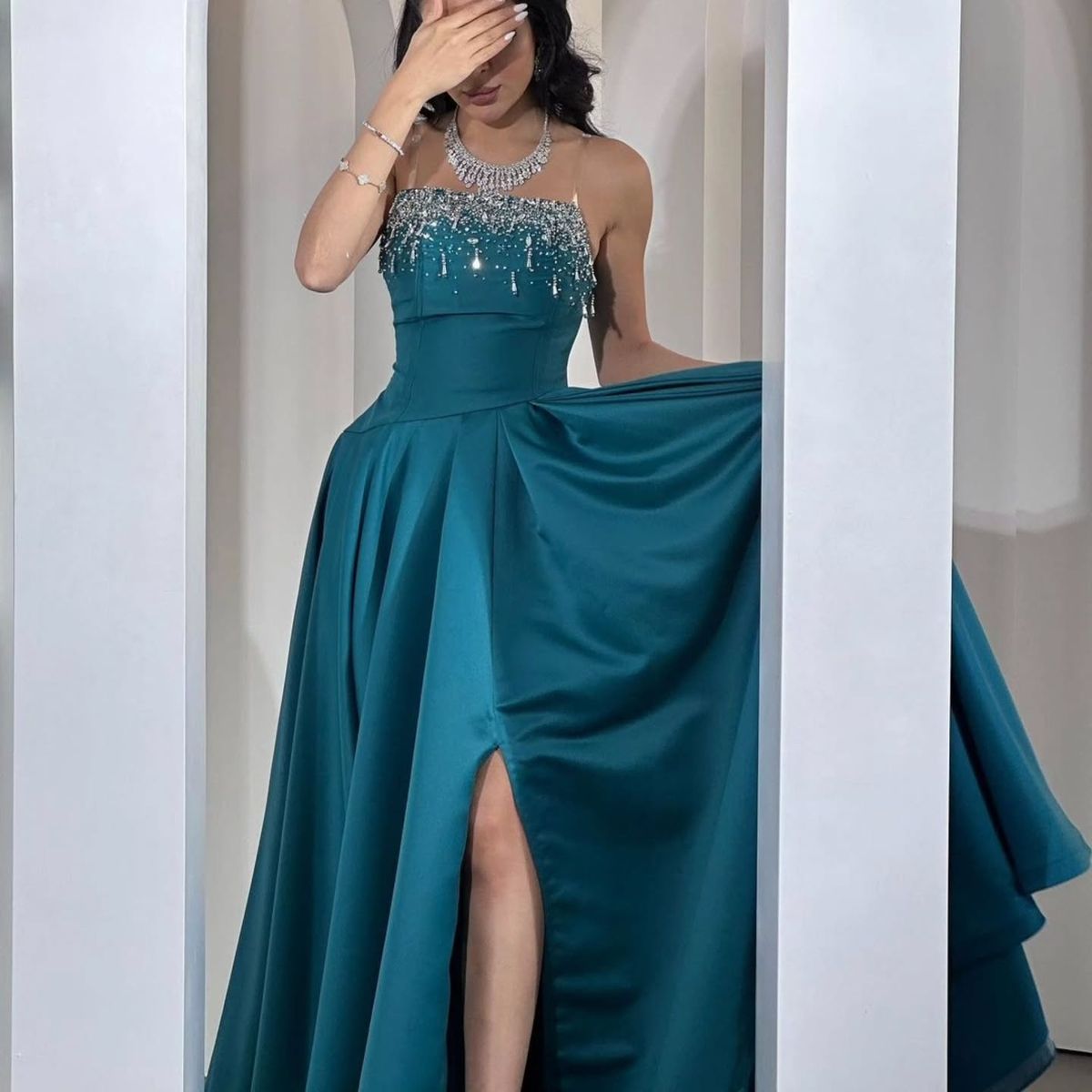 Elegant Teal A-line Spaghetti Strap Slit Satin Long Prom Dress Evening Dress - View 5 | VelvetHem