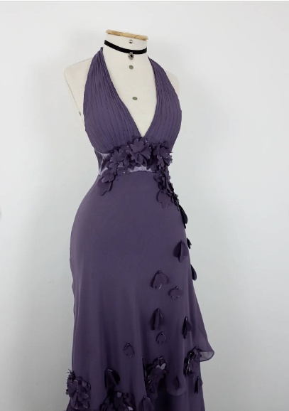 Pretty Purple Halter V-Neck 3D Floral Layered Irregular Chiffon Long Prom Dress Evening Dress - View 3 | VelvetHem
