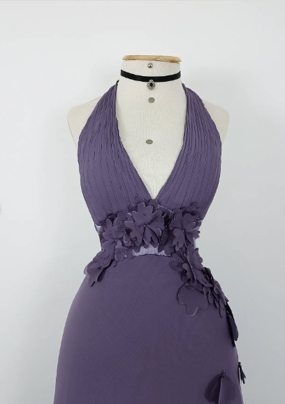 Pretty Purple Halter V-Neck 3D Floral Layered Irregular Chiffon Long Prom Dress Evening Dress - View 4 | VelvetHem