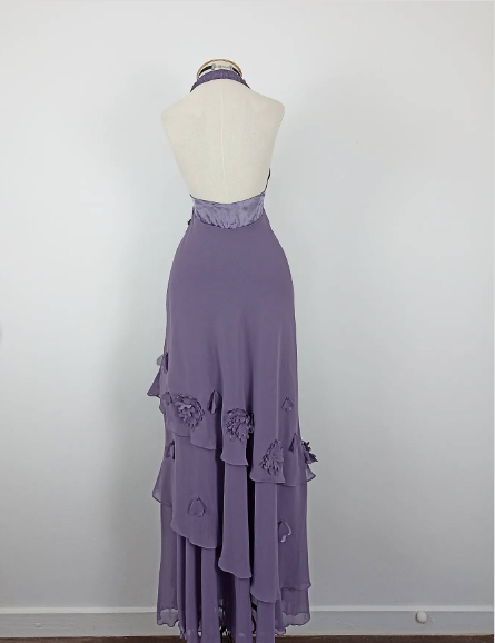 Pretty Purple Halter V-Neck 3D Floral Layered Irregular Chiffon Long Prom Dress Evening Dress - View 6 | VelvetHem