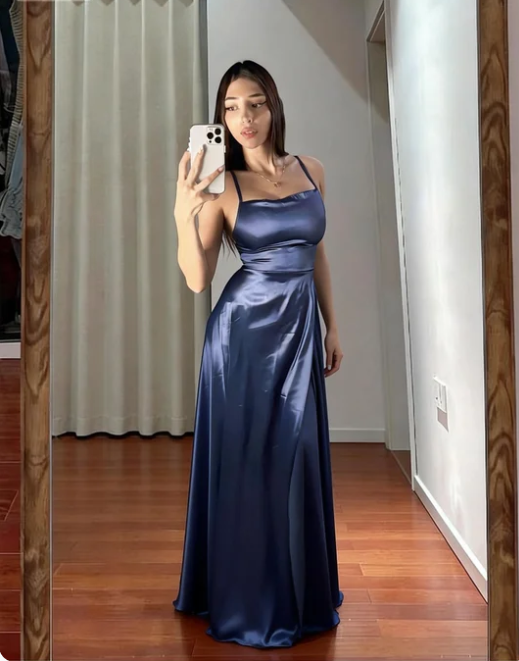 Elegant Dusty Blue Spaghetti Strap Square Neck Slit Satin Long Prom Dress Evening Dress