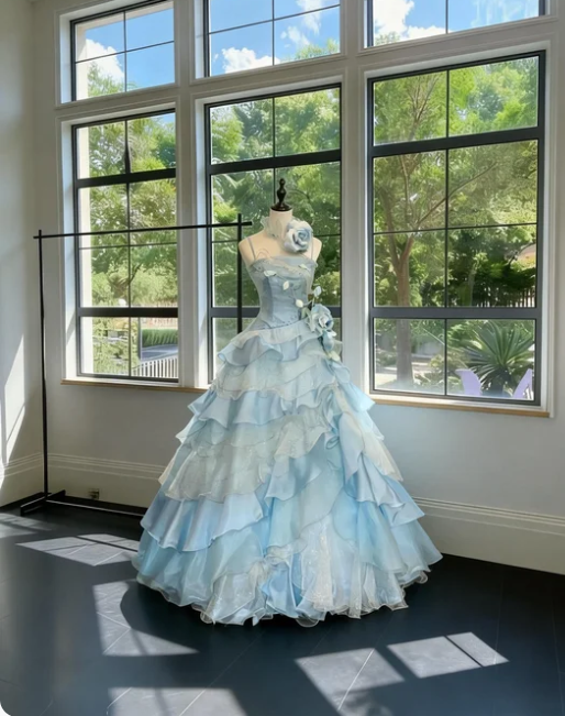 Dreamy Light Blue Gradient Spaghetti Strap 3D Floral Layered Tulle Long Prom Dress Birthday Dress