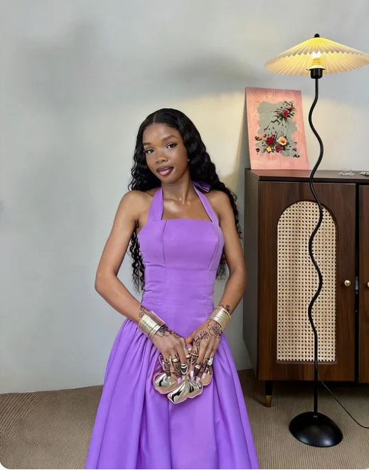 Elegant Purple Halter Neck A-Line Satin Long Prom Dress Evening Dress