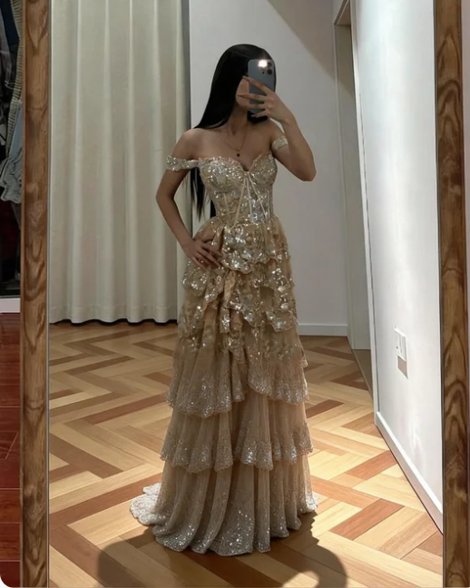 Gorgeous Champagne Gold Off-the-Shoulder A-Line Sequin Layered Tulle Train Prom Dress Evening Dress