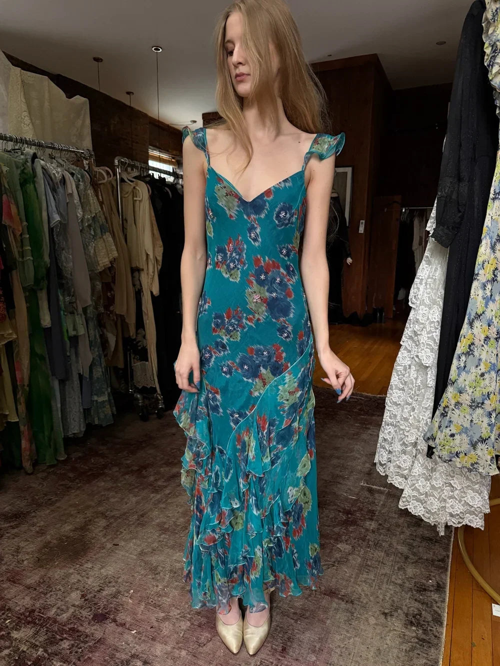 Vintage Lake Blue Floral Spaghetti Strap Mermaid Ruffle Chiffon Long Prom Dress Evening Dress - VelvetHem