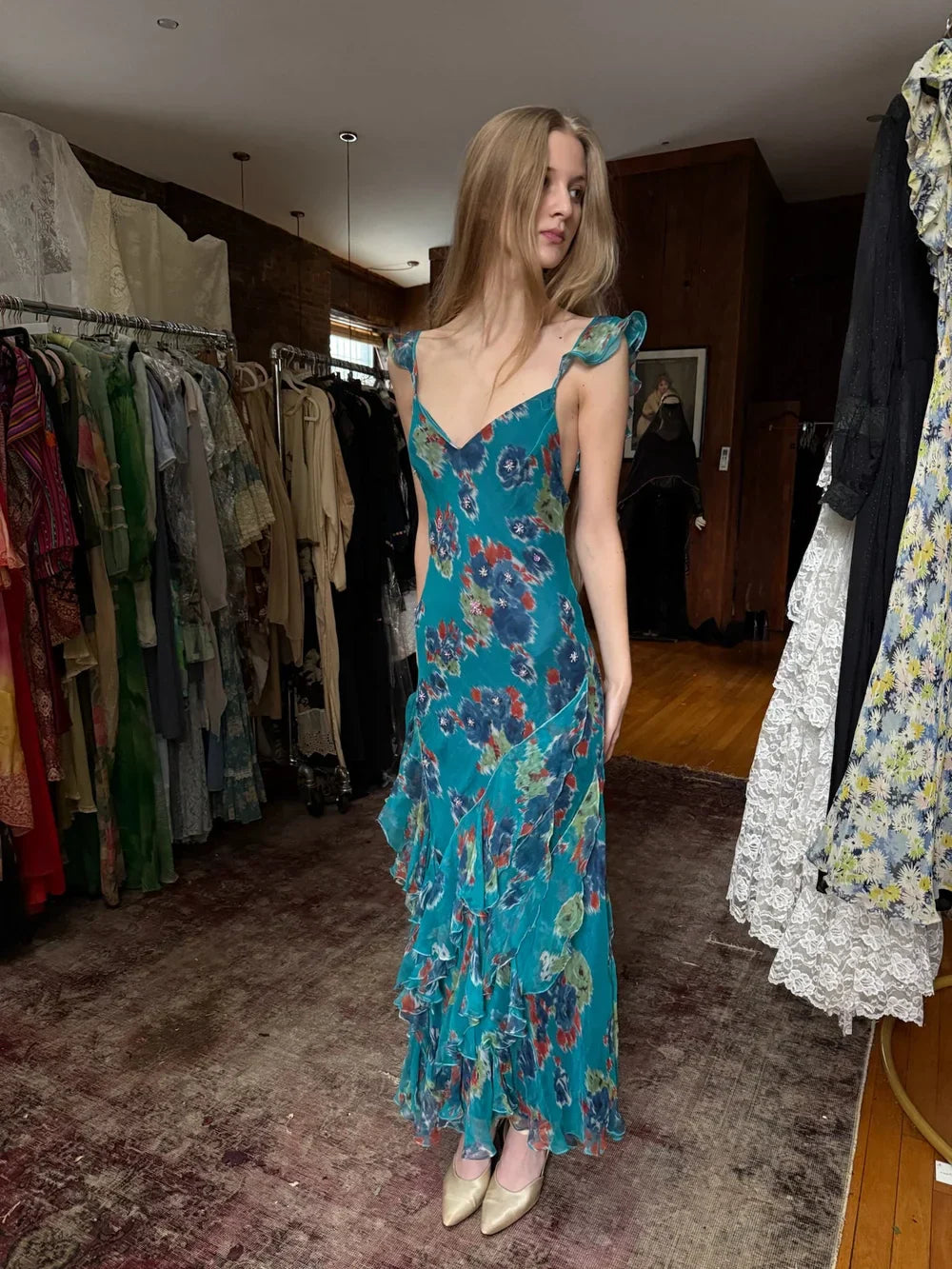 Vintage Lake Blue Floral Spaghetti Strap Mermaid Ruffle Chiffon Long Prom Dress Evening Dress