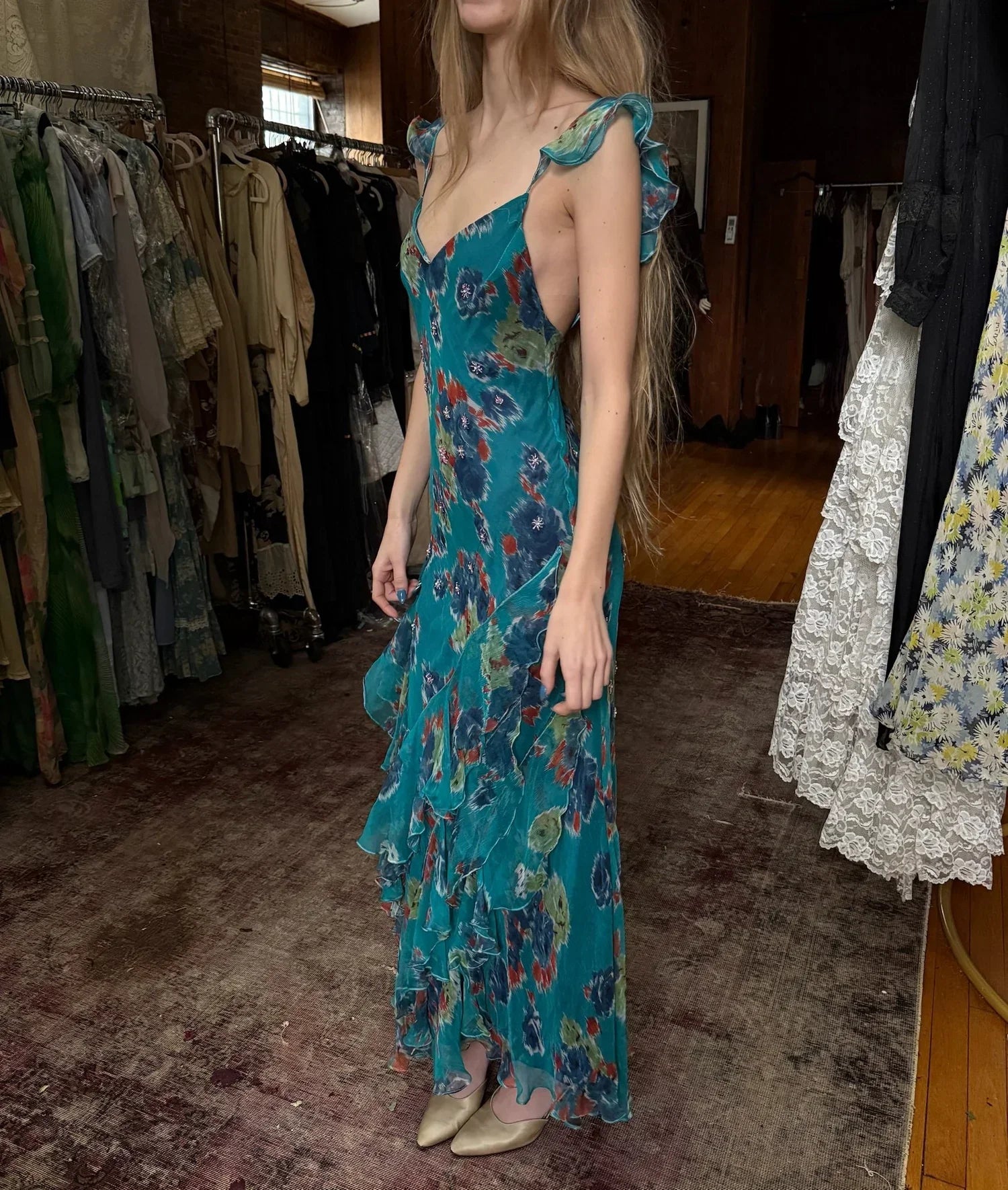 Vintage Lake Blue Floral Spaghetti Strap Mermaid Ruffle Chiffon Long Prom Dress Evening Dress
