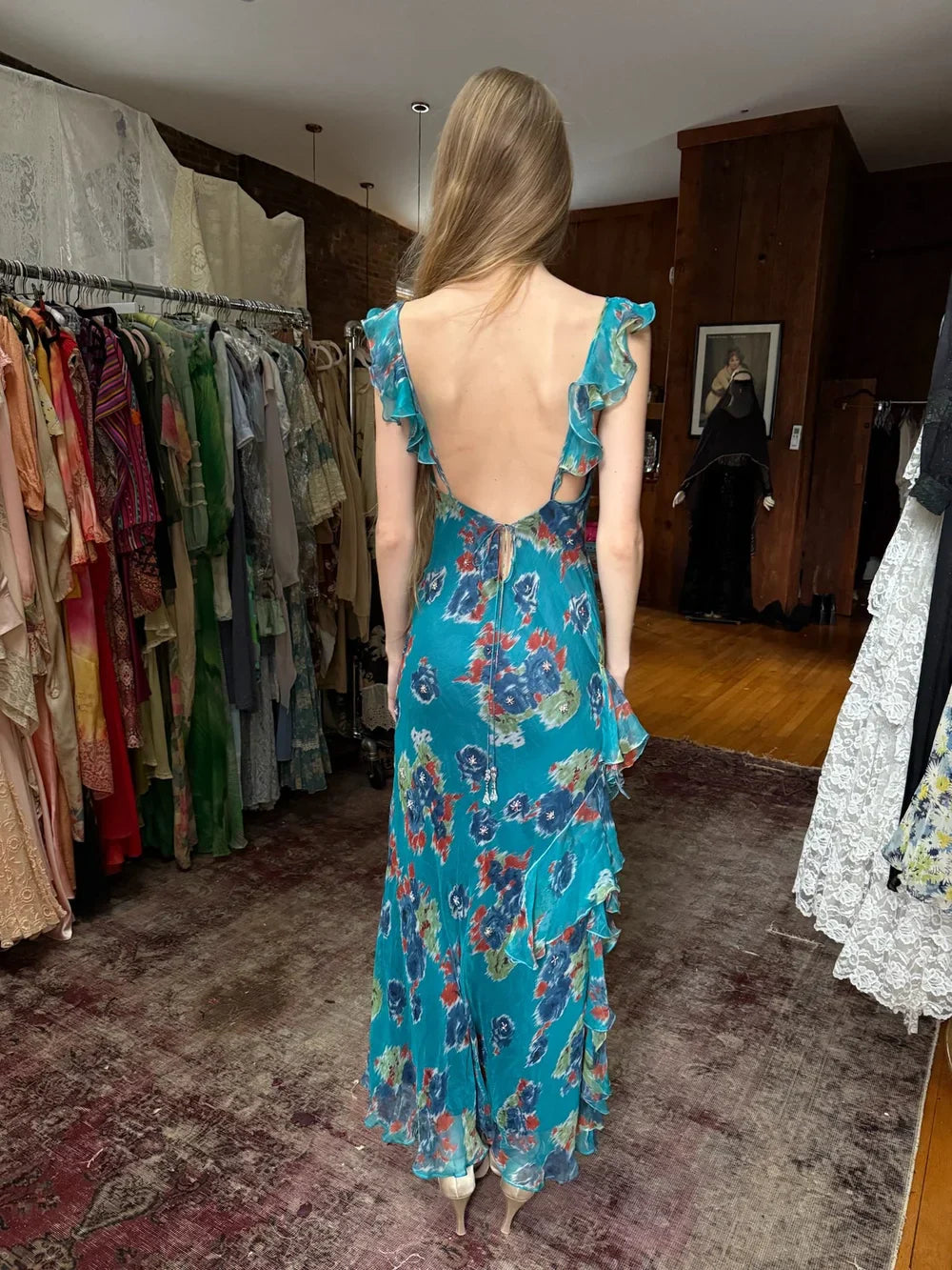 Vintage Lake Blue Floral Spaghetti Strap Mermaid Ruffle Chiffon Long Prom Dress Evening Dress