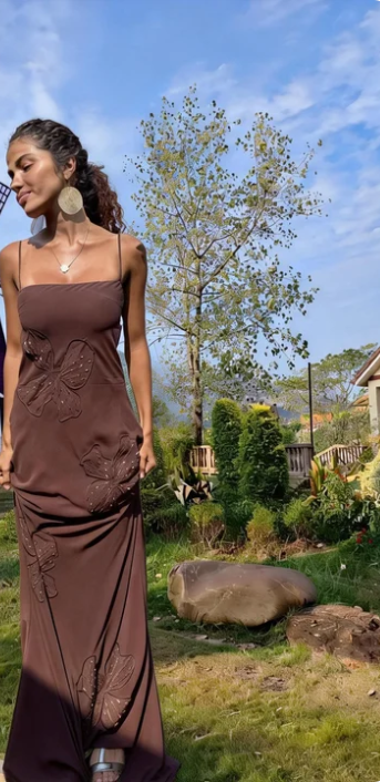 Vintage Dark Brown Spaghetti Strap Slim Fit Open Back Satin Long Prom Dress Birthday Dress
