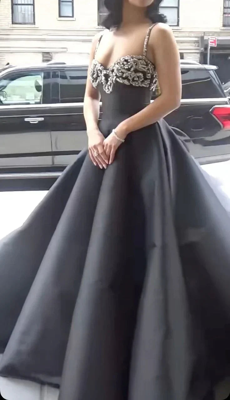 Elegant Black Spaghetti Strap A-Line Rhinestone Satin Train Prom Dress Evening Dress - View 3 | VelvetHem