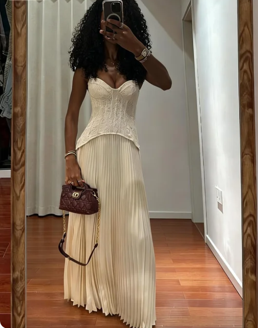 Vintage Ivory Strapless Lace Bodice Pleated Satin Long Prom Dress Evening Dress - VelvetHem